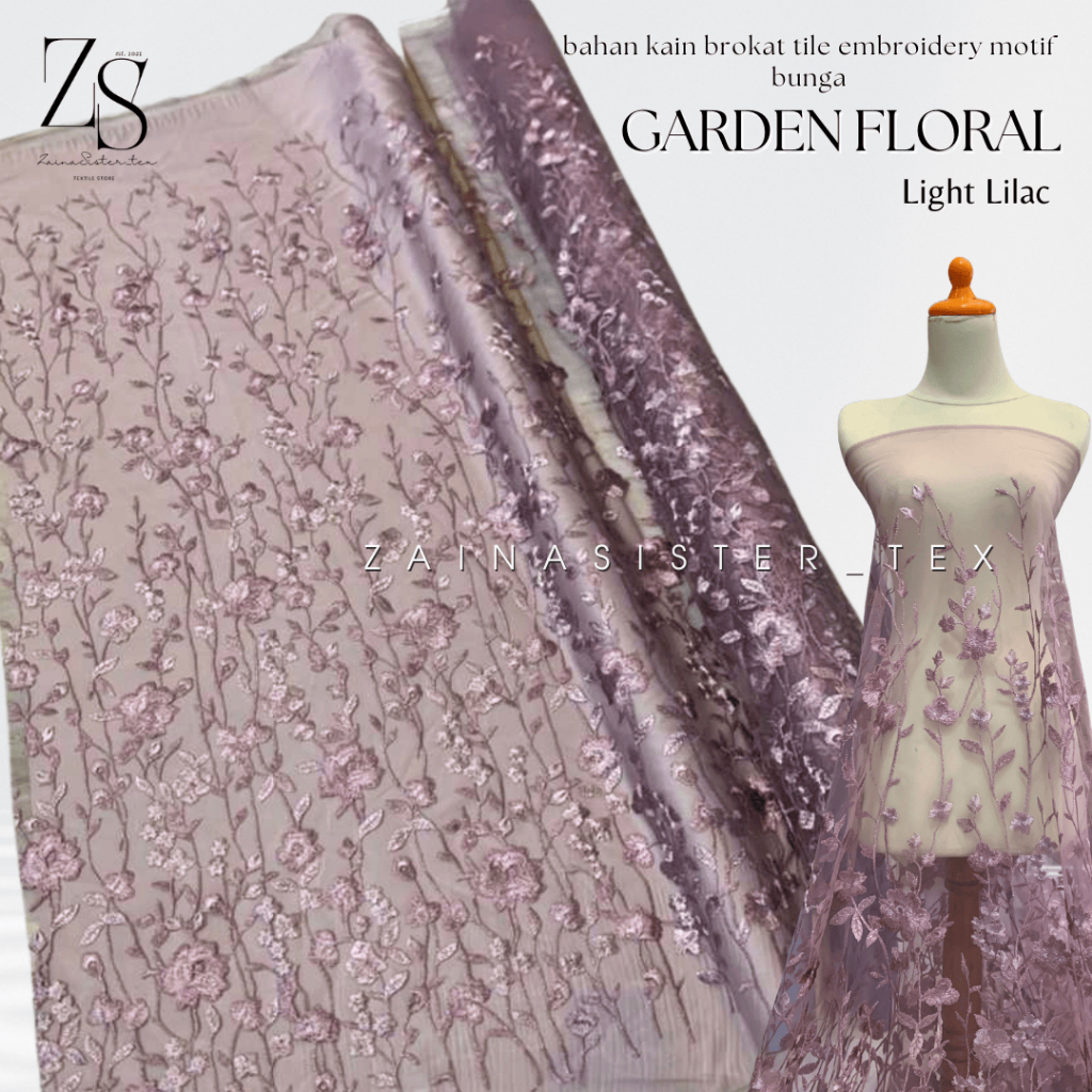 Bahan Kain Kebaya Brokat Brukat Tile Tulle Embroidery Garden Floral Motif Bunga Warna Ungu Lilac