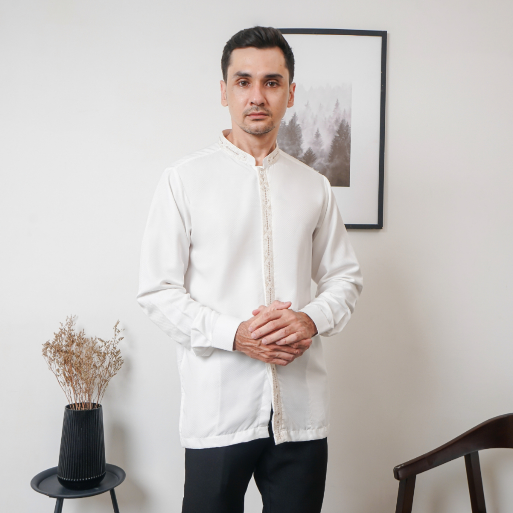 Baju Koko Dewasa Bordir Tangan Manset Putih Baju Koko Putih