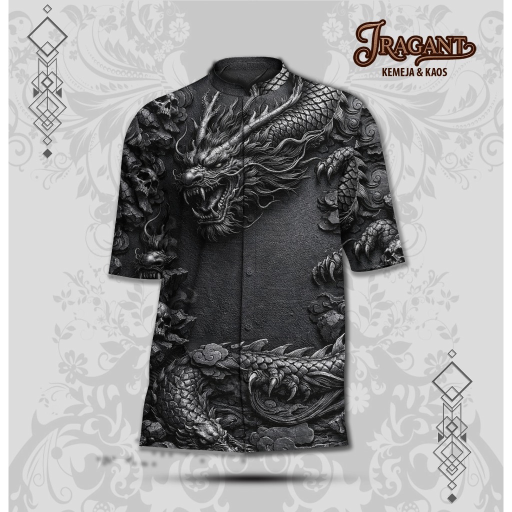 JRAGANT.CLOTH Kemeja Koko Dragon 3D Black Stone Naga Tengkorak | Baju Koko Unisex Premium Kerah Shan
