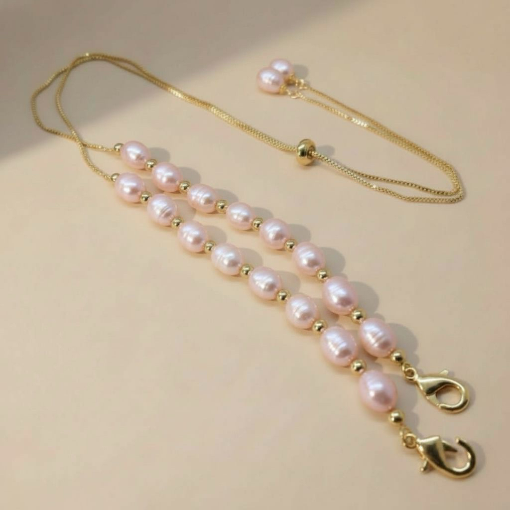 Aksesoris Perhiasan Konektor Connector Hijab Masker Rantai Serut Rhodium Lapis Emas 18 Karat Mutiara