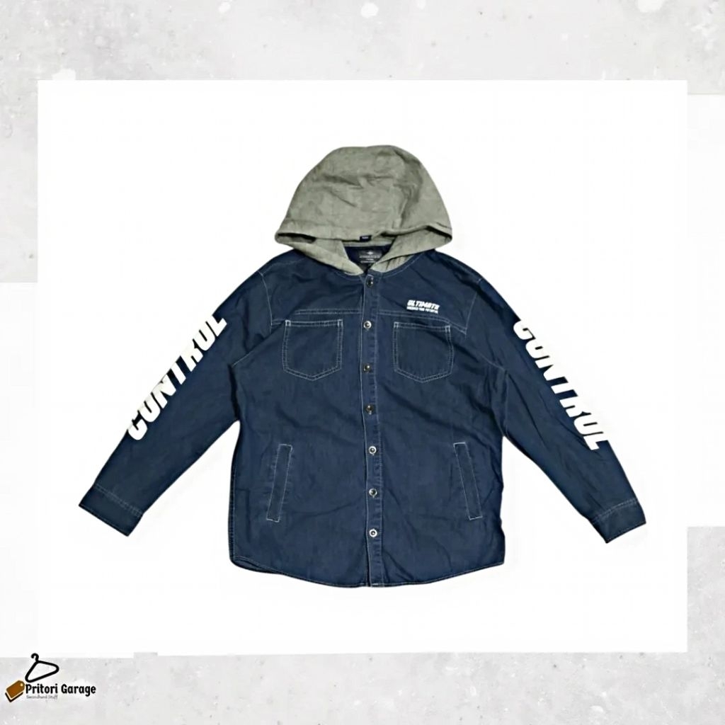 Kemeja Long Sleeve Denim Shirt Hoodie Able Big Script Blue Grey Colour Vintage M