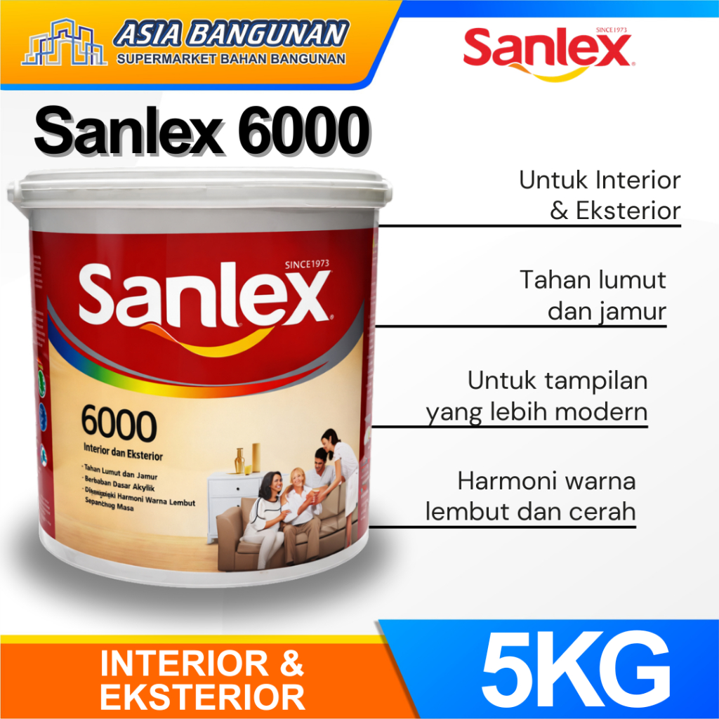 Sanlex 6000 Cat Tembok Interior Eksterior 5Kg Putih Cat Dingding Anti Jamur dan Lembab Galon