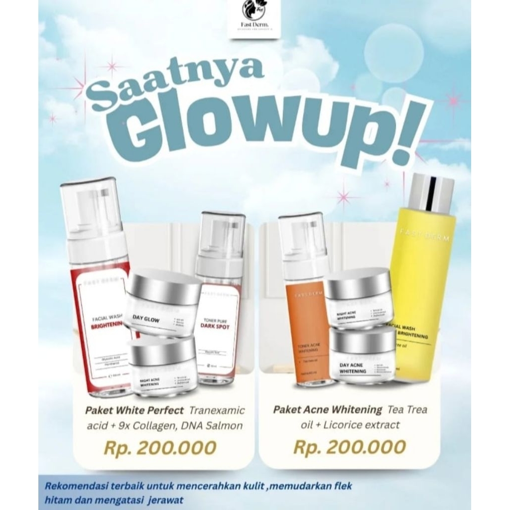Fast Derm Paket isi 5 Series Whitening Skincare Wajah - Mencerahkan, Mengatasi Flek, dan Merawat Kul