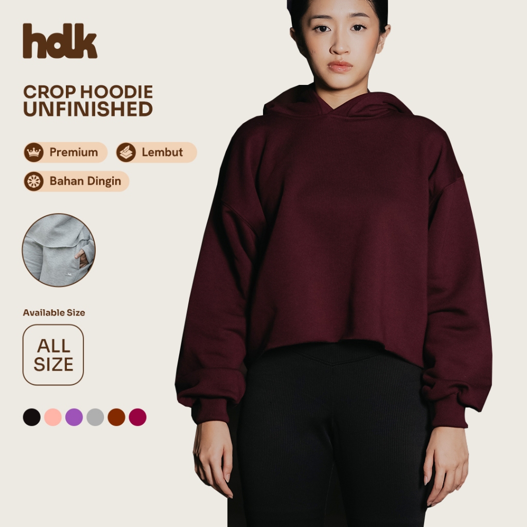 Hoodie Crop Wanita Unfinished Premium Polos | Fleece Tebal & Adem | Lokal Handmade | Burgundy - Hood