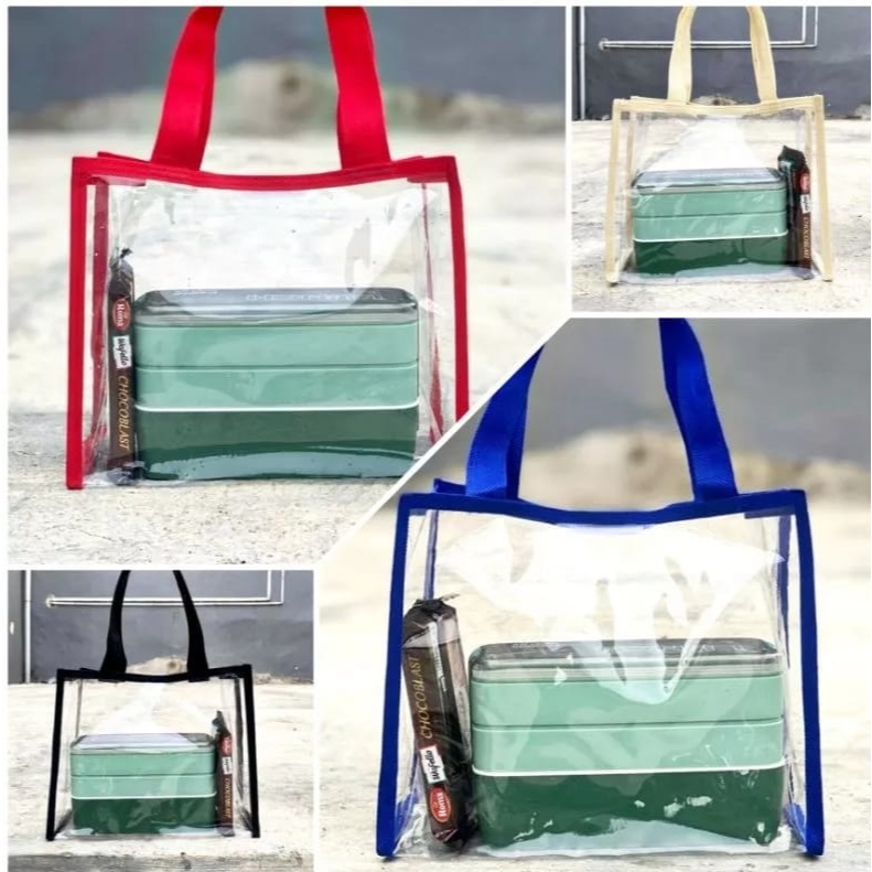 Tas Mika Transparan PVC Totebag Souvenir 25x20x12cm Hitam Biru Cokelat Cream