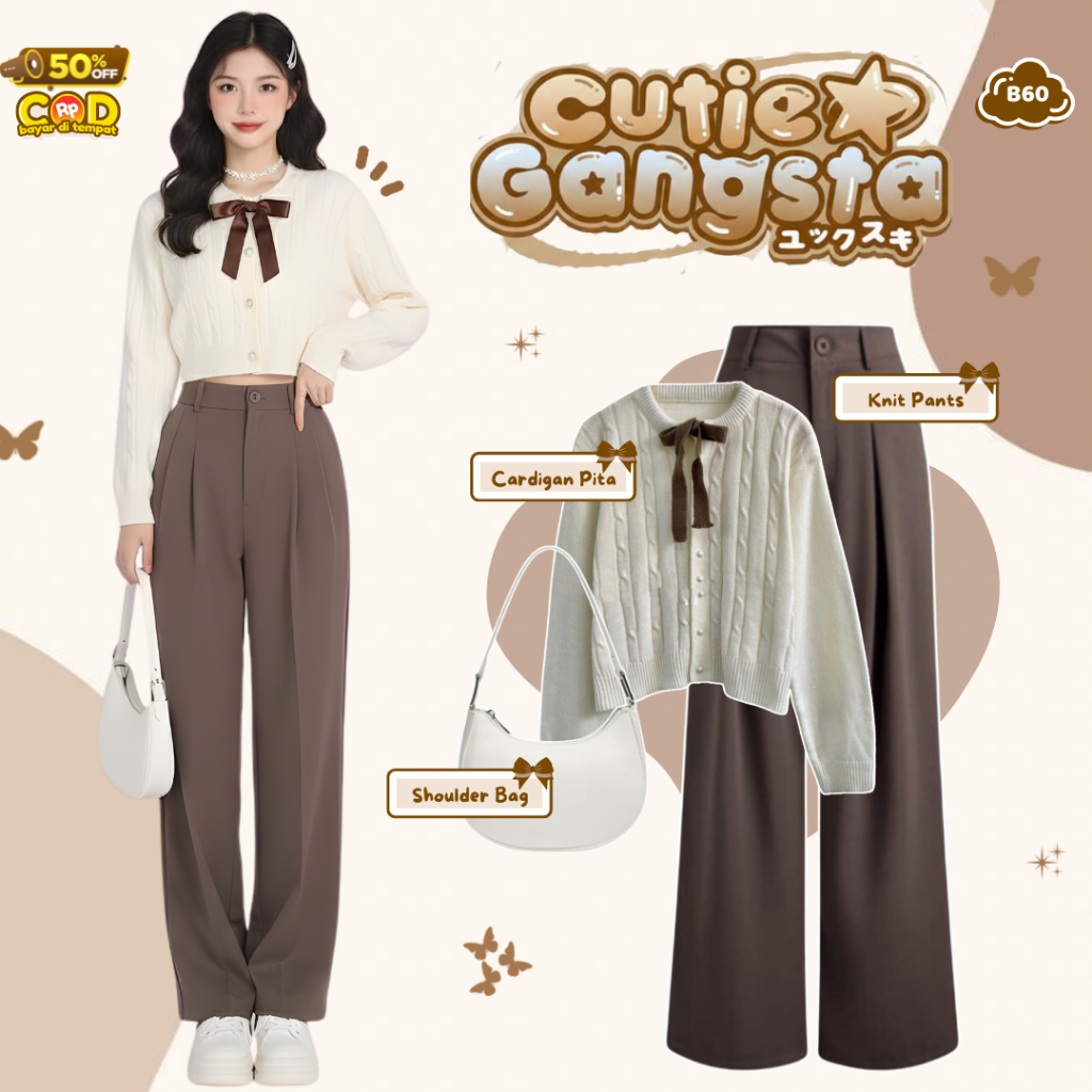 Setelan One Set Wanita Cute Korean Style - ( Knit Choco Pants + Cardigan + Shoulder Bag ) One Set Cu