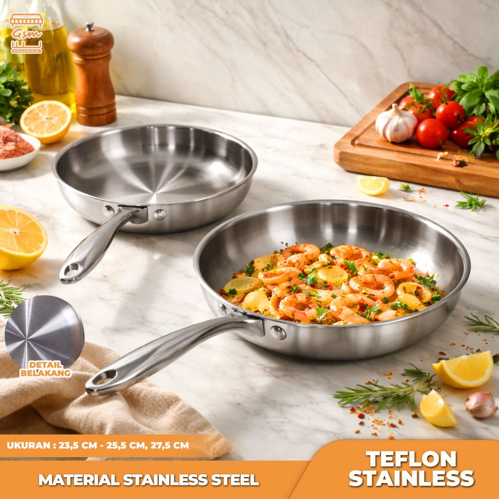 GSM Teflon Penggorengan Glacier Pan Stainless Steel Premium Frypan Anti Lengket Tebal