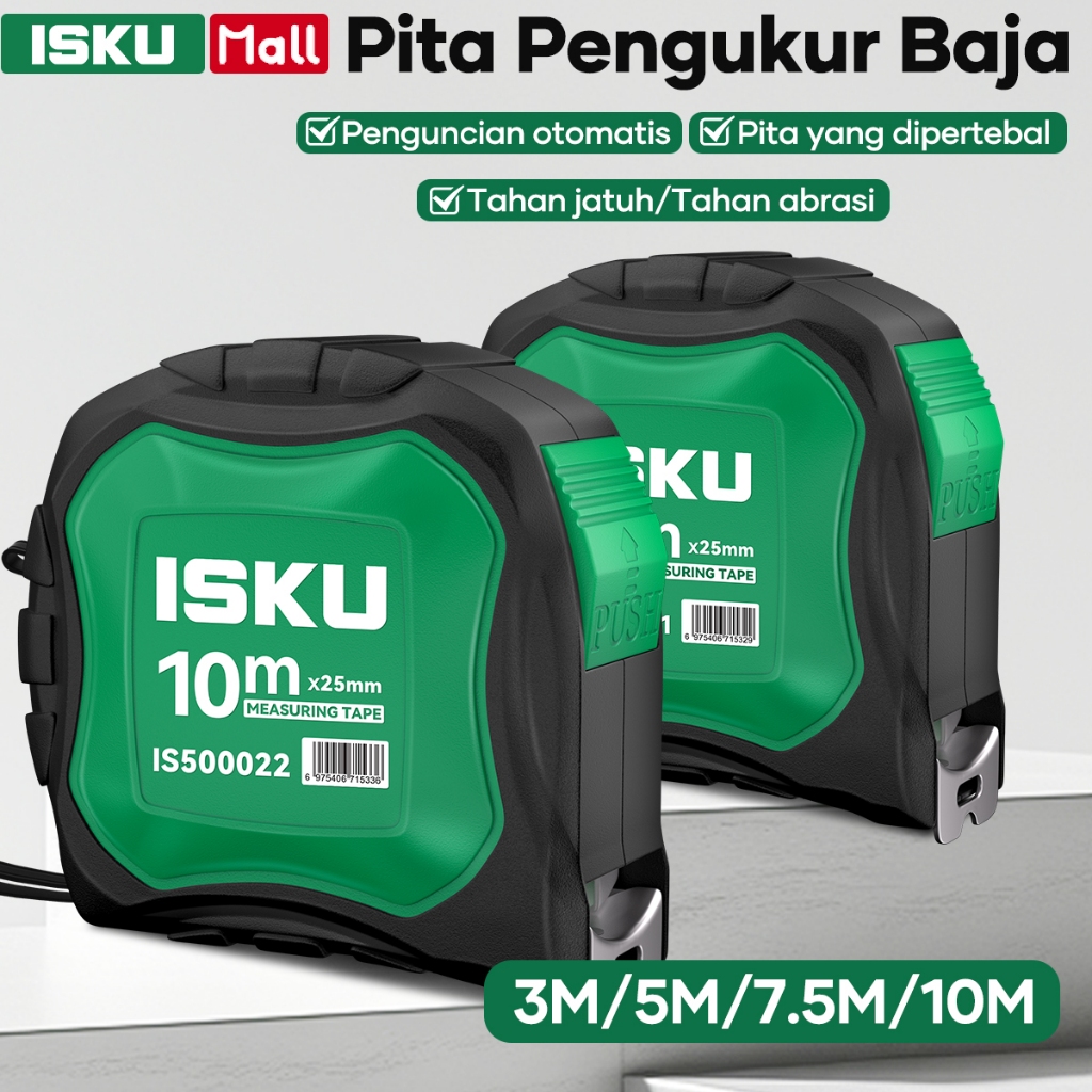 ISKU Roll Meteran 3M 5M 7.5M 10M Body Karet Tebal Anti Jatuh Pengunci Otomatis Alat Bangunan