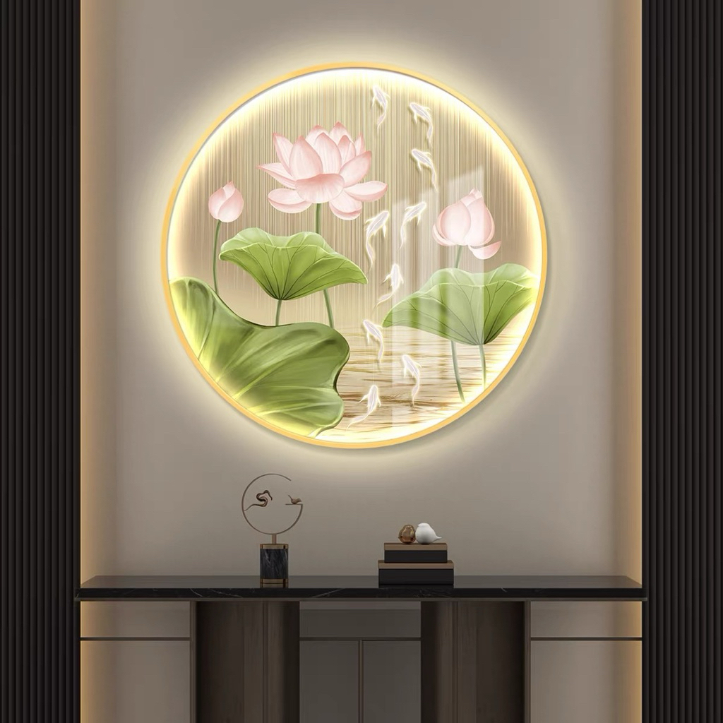 KOKOPAINTING Lukisan Porcelain Diamond 5D Kristal LED Bulat Lingkaran Motif Ikan Koi Bunga Teratai L