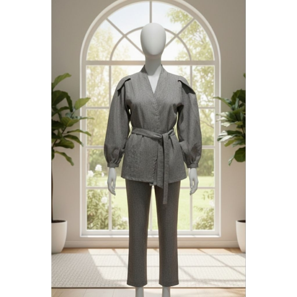 PRELOVED SETELAN BAJU BLAZER ABU KIMONO BAJU FORMAL BAJU KERJA KANTOR// VARIASI TANGAN BALON