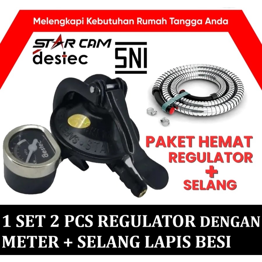 1 SET 2 PCS SC-T12RM regulator tabung gas Starcam Destec dengan meteran + selang kompor gas lapis be