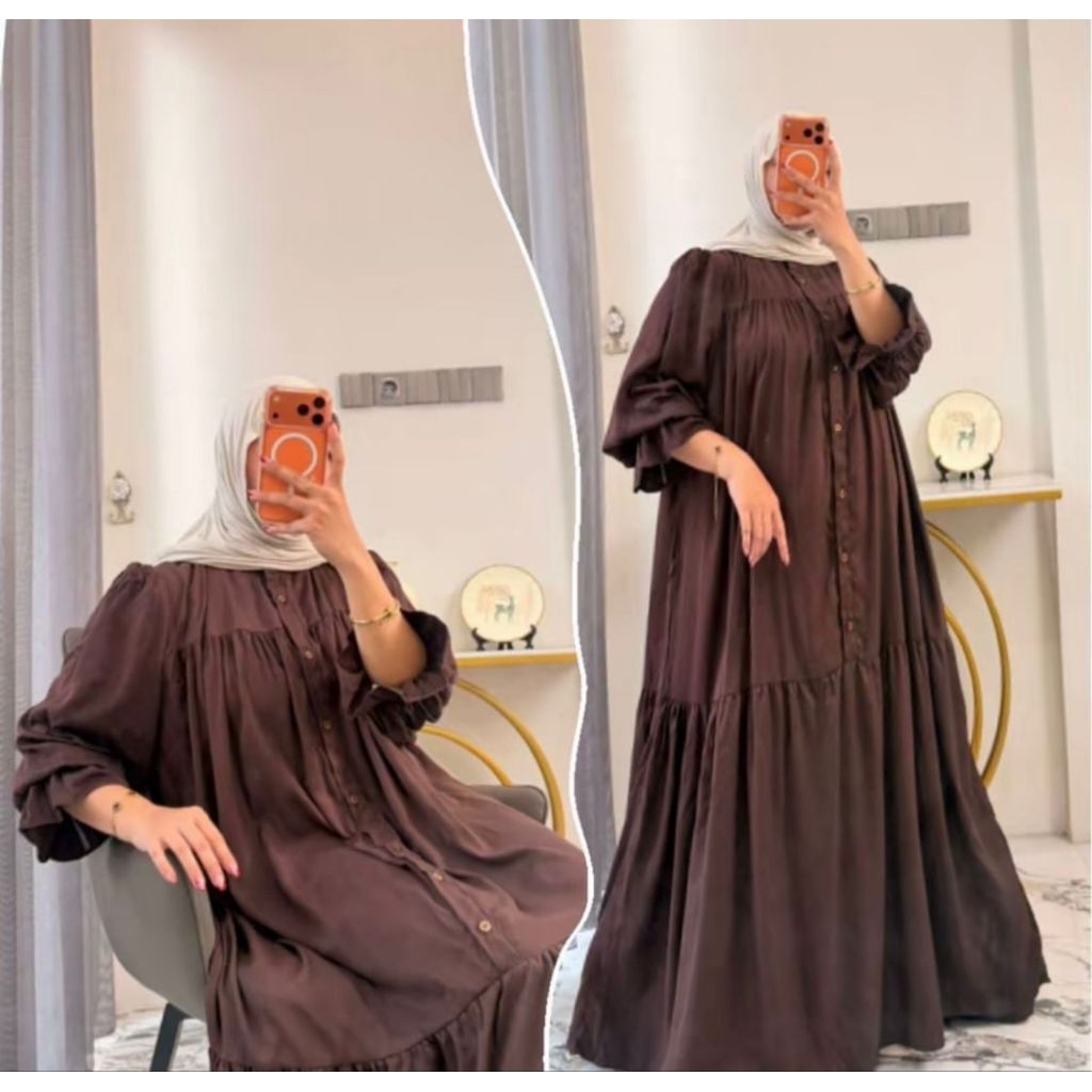 MIDI DRESS LENGAN BALON POLOS LD 120 RAYON TWILL DRESS JUMBO TERBARU