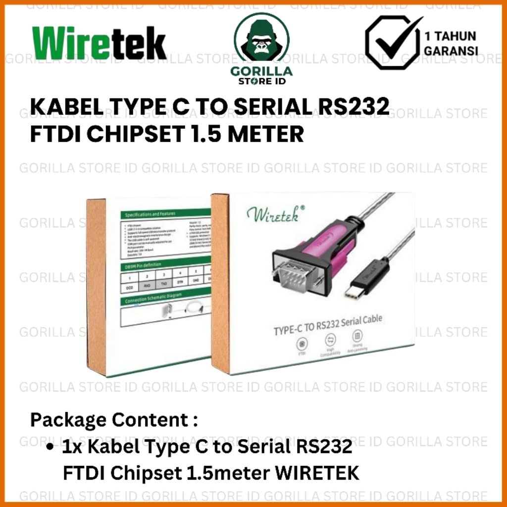 Wiretek Kabel Type C to Serial RS232 FTDI Chipset 1.5 Meter