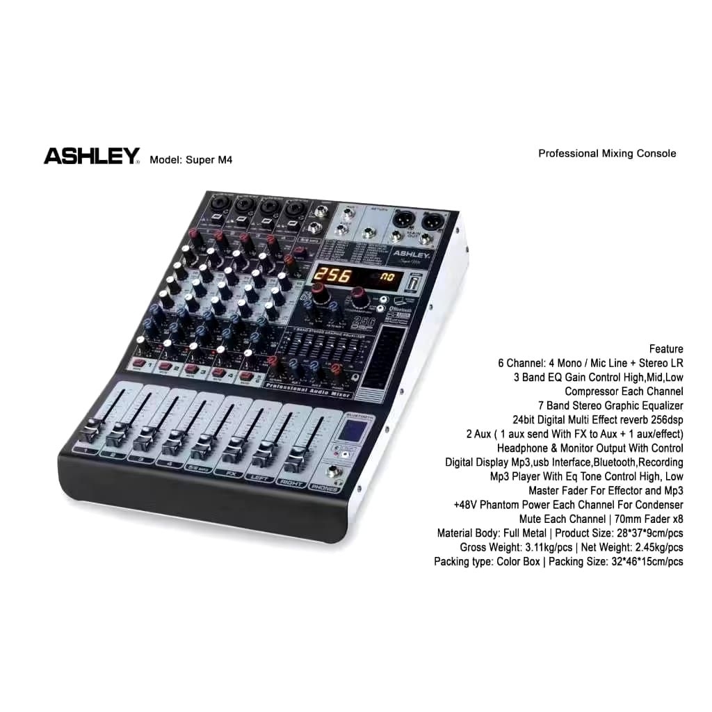 Mixer Audio Ashley Super M4 4 Channel + compressor - Full Metal, Bluetooth, Rekam MP3