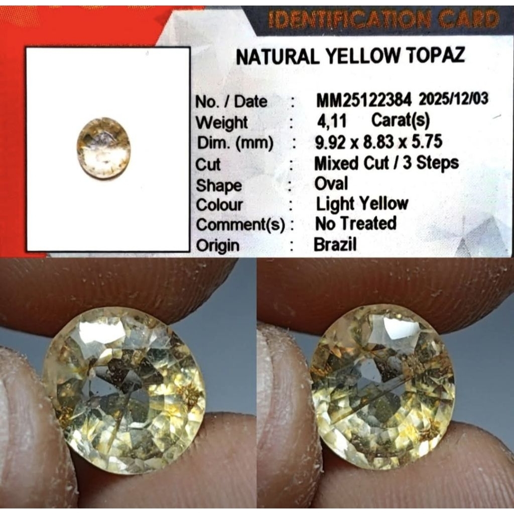 Natural Yellow Topaz 4.11 crt No Treatment Rare item Memo KGL Lab