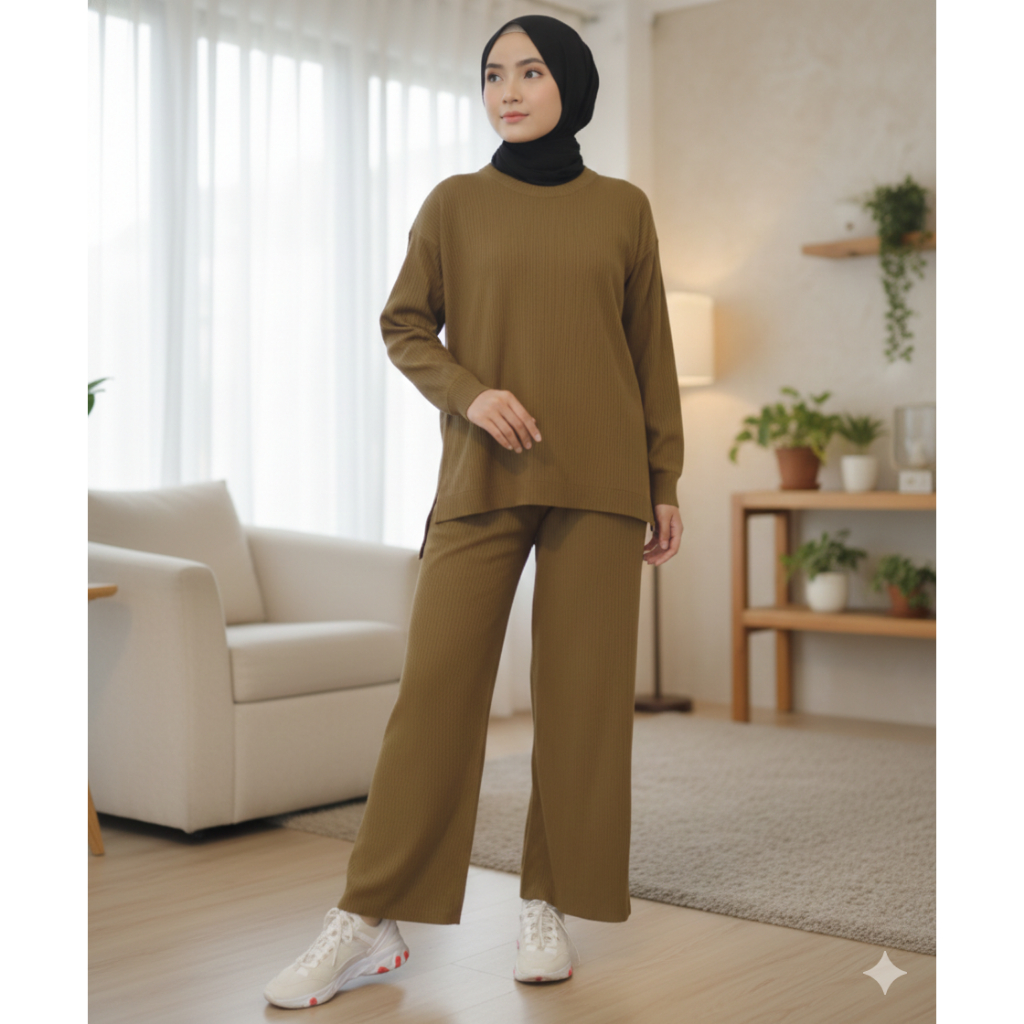 Camella Set Setelan Celana + Boxy Rajut Wanita Muslim Polos Kekinian Bahan Rajut Premium Tebal Halus