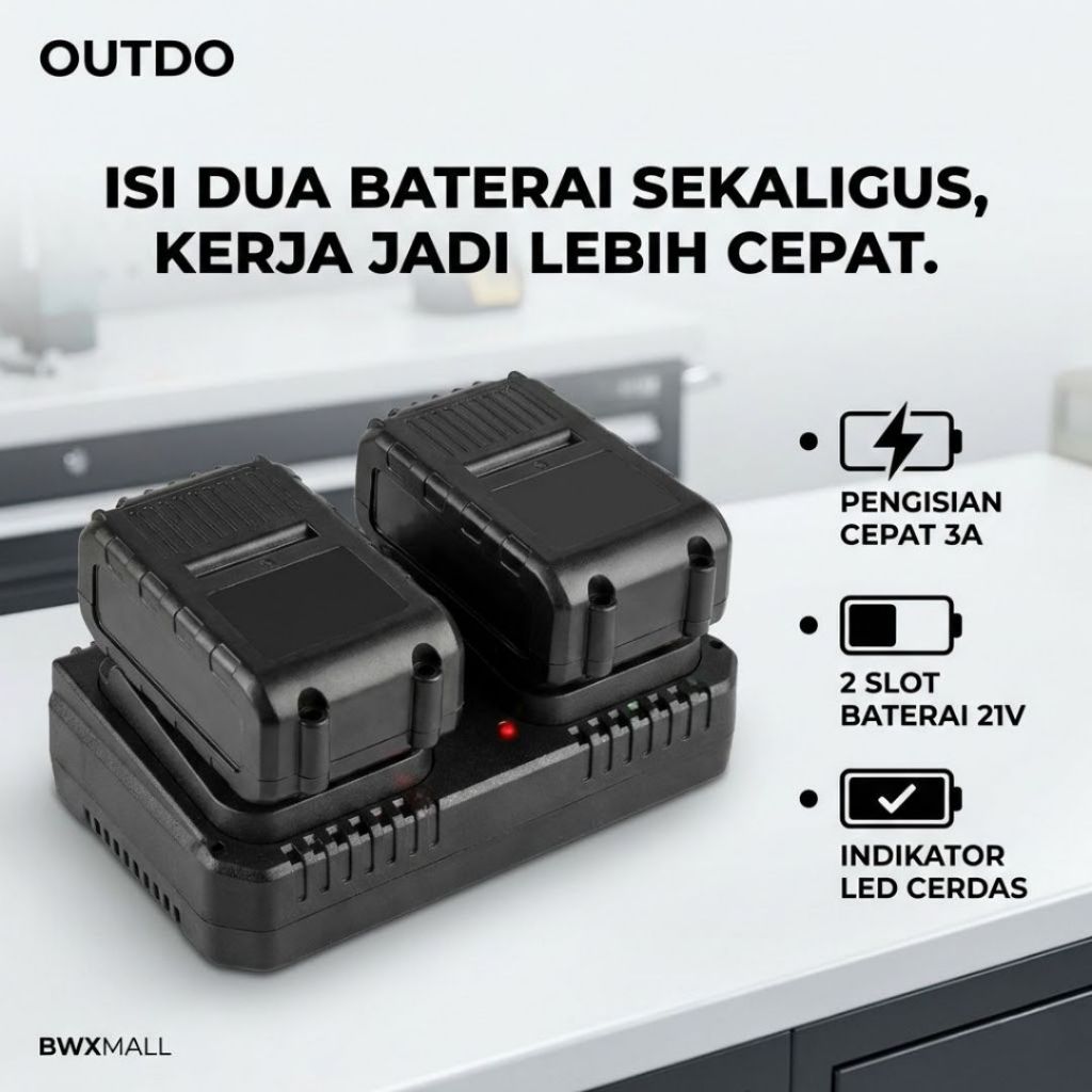 Casan Baterai Bor Listrik 2 Slot OUTDO 21V 3A Charger Docking Station Makita BL1850 BL1830 BL1415 BL