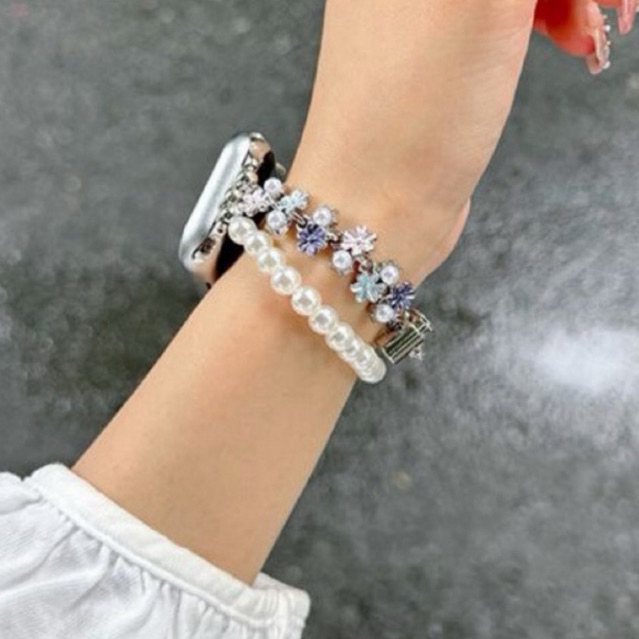 Strap Apple Watch Mi band Huawei 10 Fit 3 4 Pro 4 gelang style tali rantai mutiara wanita bunga aest