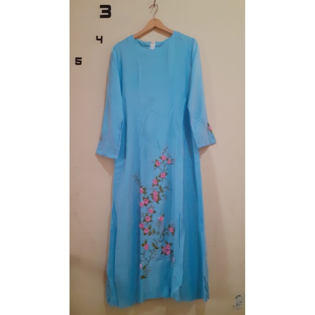 preloved gamis longdress bunga bordir sky blue