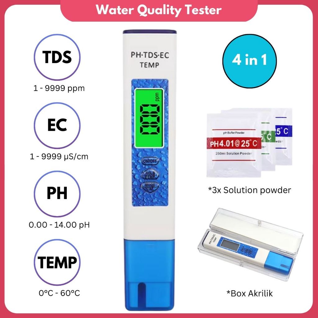 Alat Ukur Kwalitas Air PH Meter 4 in 1 Pengukur TDS Air Minum Suhu Akurasi Tinggi PH TDS EC Akurat