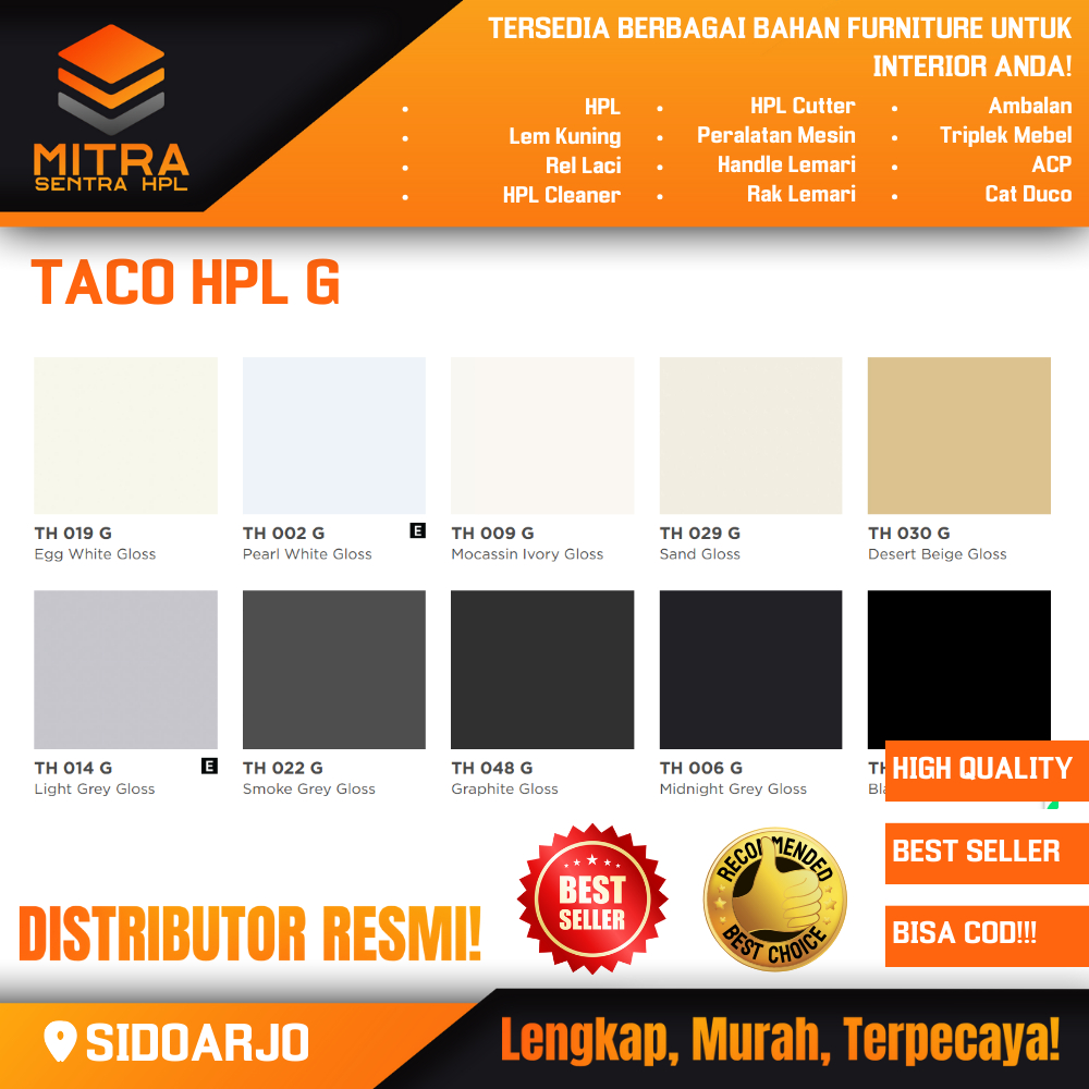TACO HPL Solid Color 122x244cm – Doff & Glossy – High Pressure Laminate Warna Polos