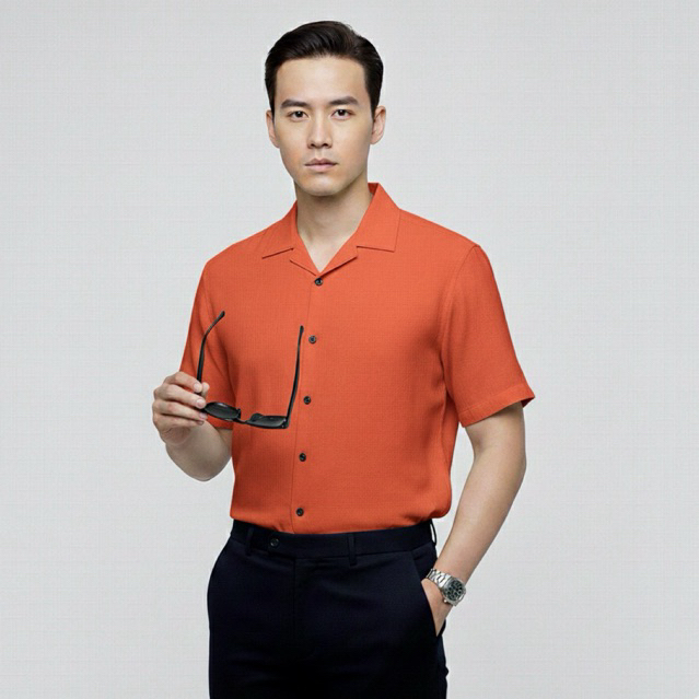 Kemeja Casual Pria Burnt Orange Style | Kemeja Polos Pria Sunset Orange | Kemeja Pria Summer Orange 