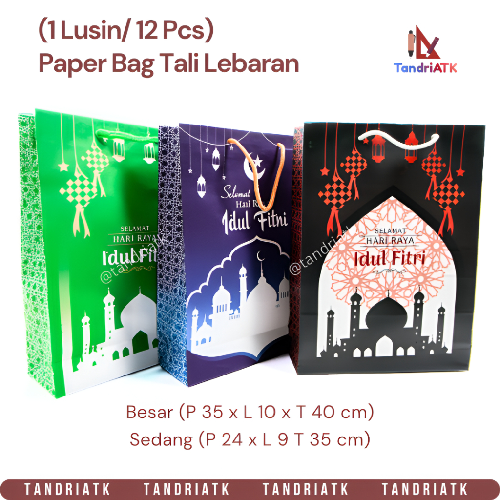 [1 Lusin/ 12 Pcs] Paper Bag Tali Lebaran Idul Fitri | Tas Eksklusif Hari Raya Motif Masjid | Kantong
