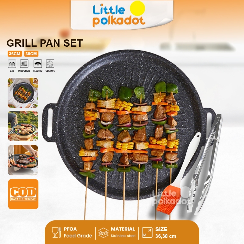 Littlepolkadot 3-in-1 BBQ Grill Pan Bulat Set 36 38 CM Termasuk Kuas BBQ Stainless Steel BBQ Klip Pr