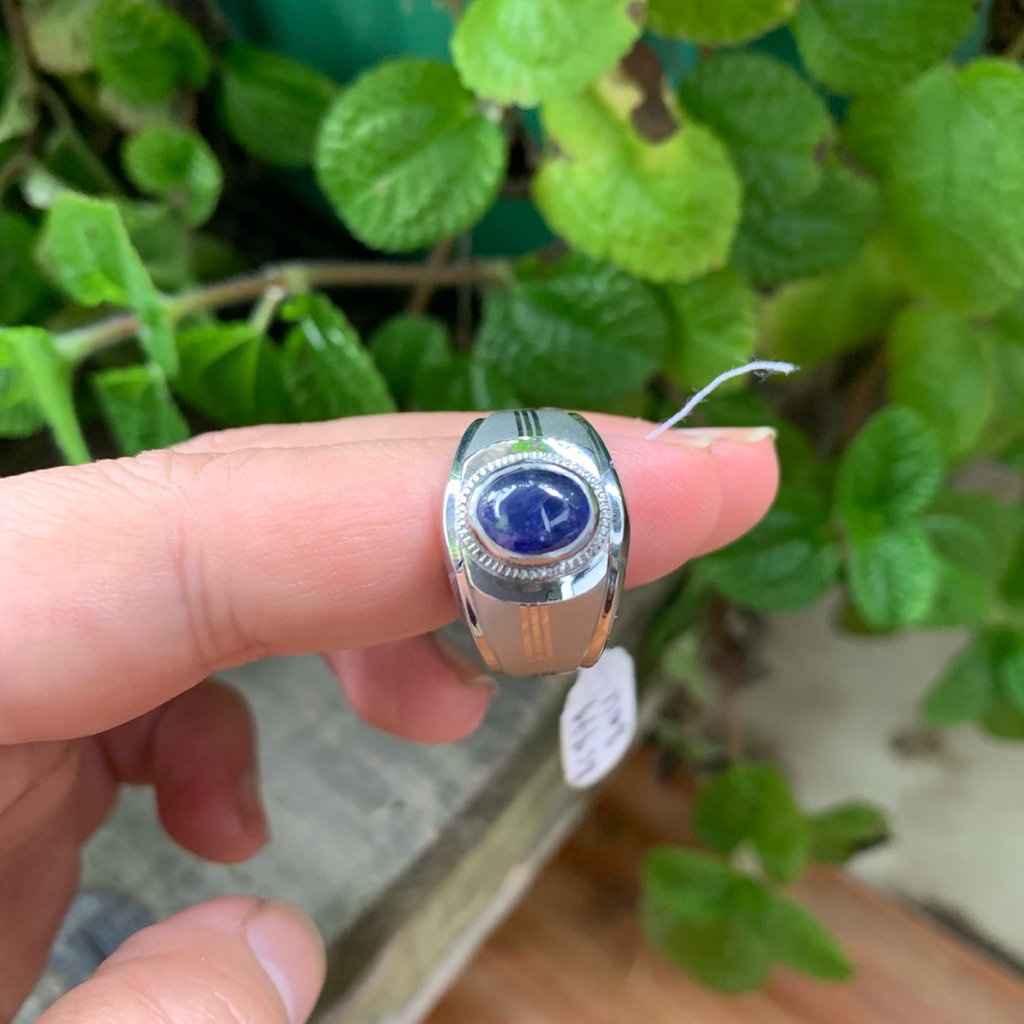Cincin Batu Natural Royal Blue Safir Cabochon Memo Ring Monel Doff Handmade Size 8