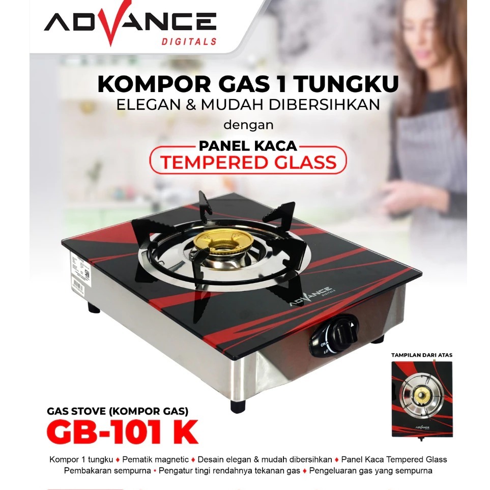 Kompor Gas Kaca 1 Tungku GB101 K ADVANCE / KOMPOR GAS KACA 1 TUNGKU / KOMPOR ADVANCE