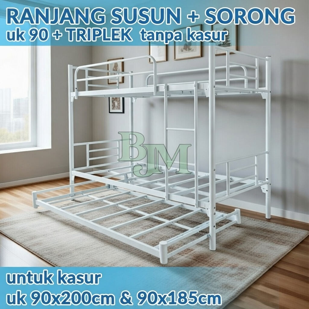 RANJANG SUSUN SORONG + TRIPLEK RANJANG TINGKAT RANJANG 3 SUSUN RANJANG BESI BUNKBED PUTIH