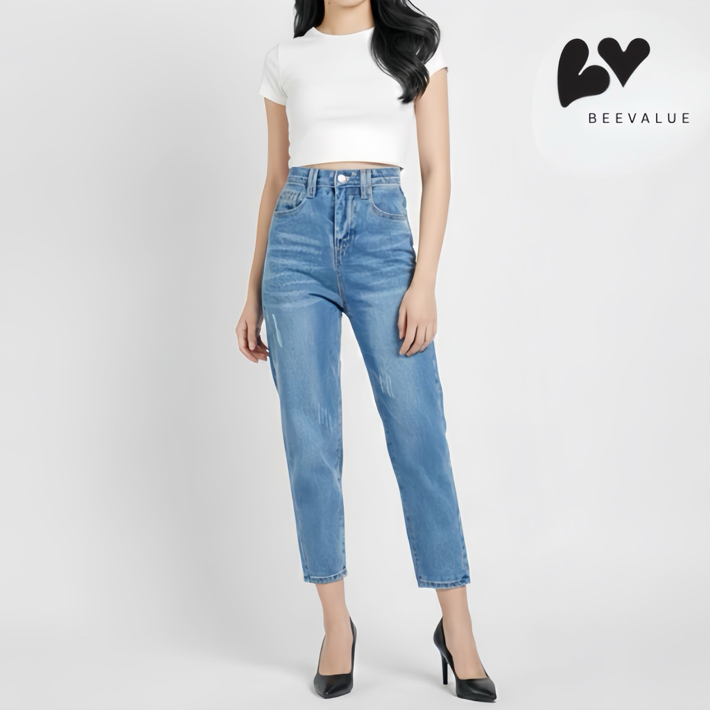 [Beevalue] Celana Panjang Jeans Highwaist Wanita Boyfriend Jeans | Celana Wanita Boyfriend Ripped Je