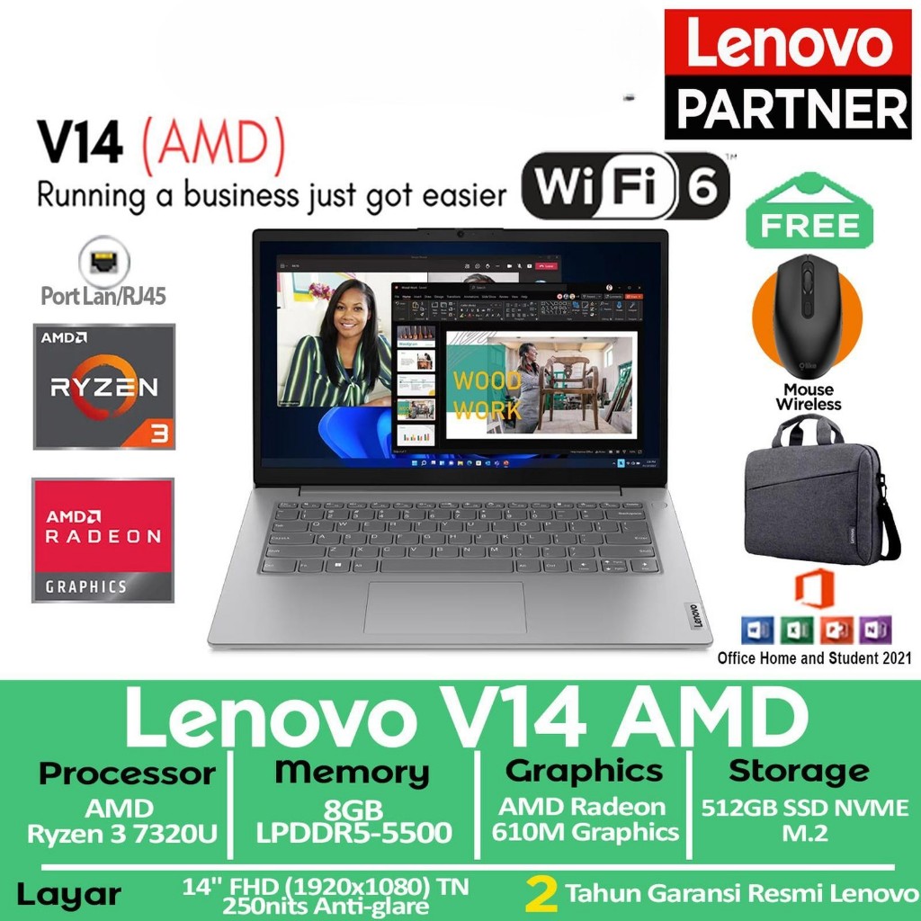 Lenovo V14 Ryzen 3 7320U 512GB SSD 8GB Win11+OHS