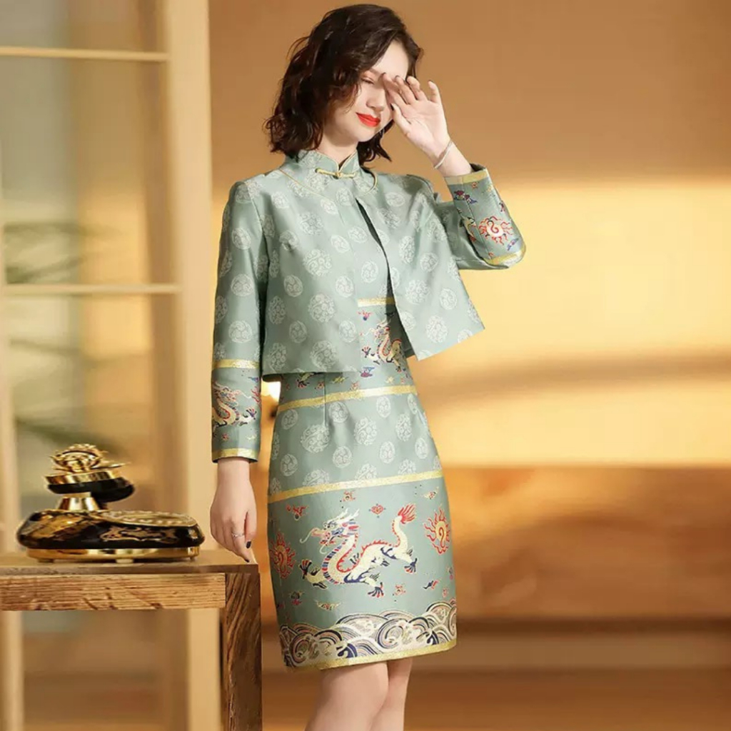 Celeste Dragon Brocade Qipao Set – Elegant Cheongsam Dress with Outer