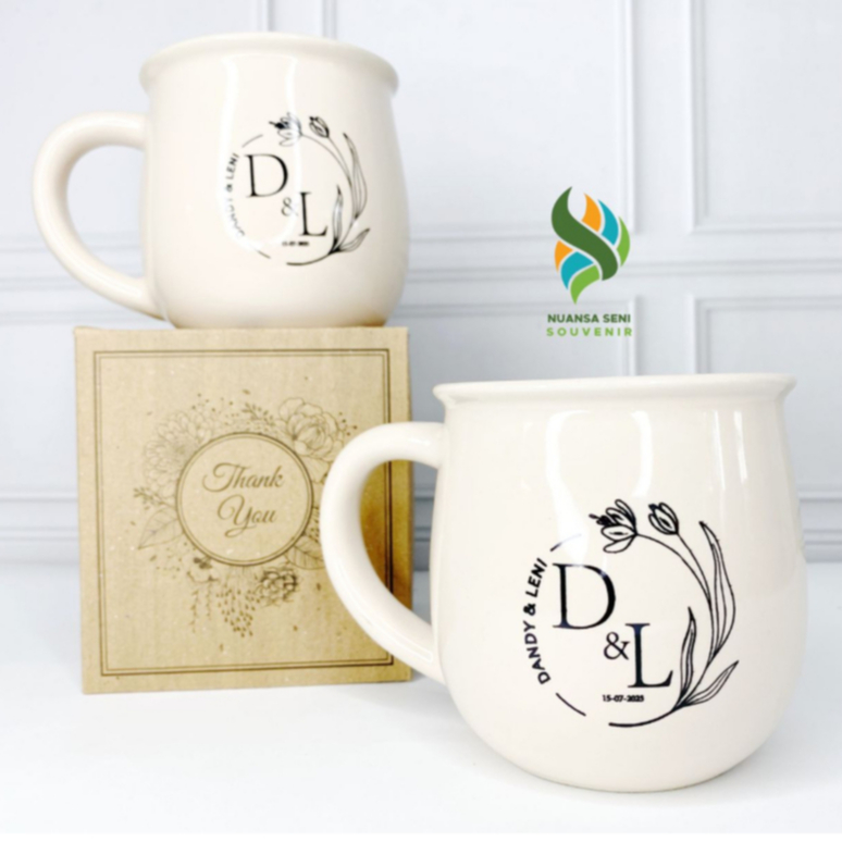 Souvenir Mug Gentong Gelas Antik Gagang Keramik Cangkir Cafe Minum Tumbler Porselen Sablon