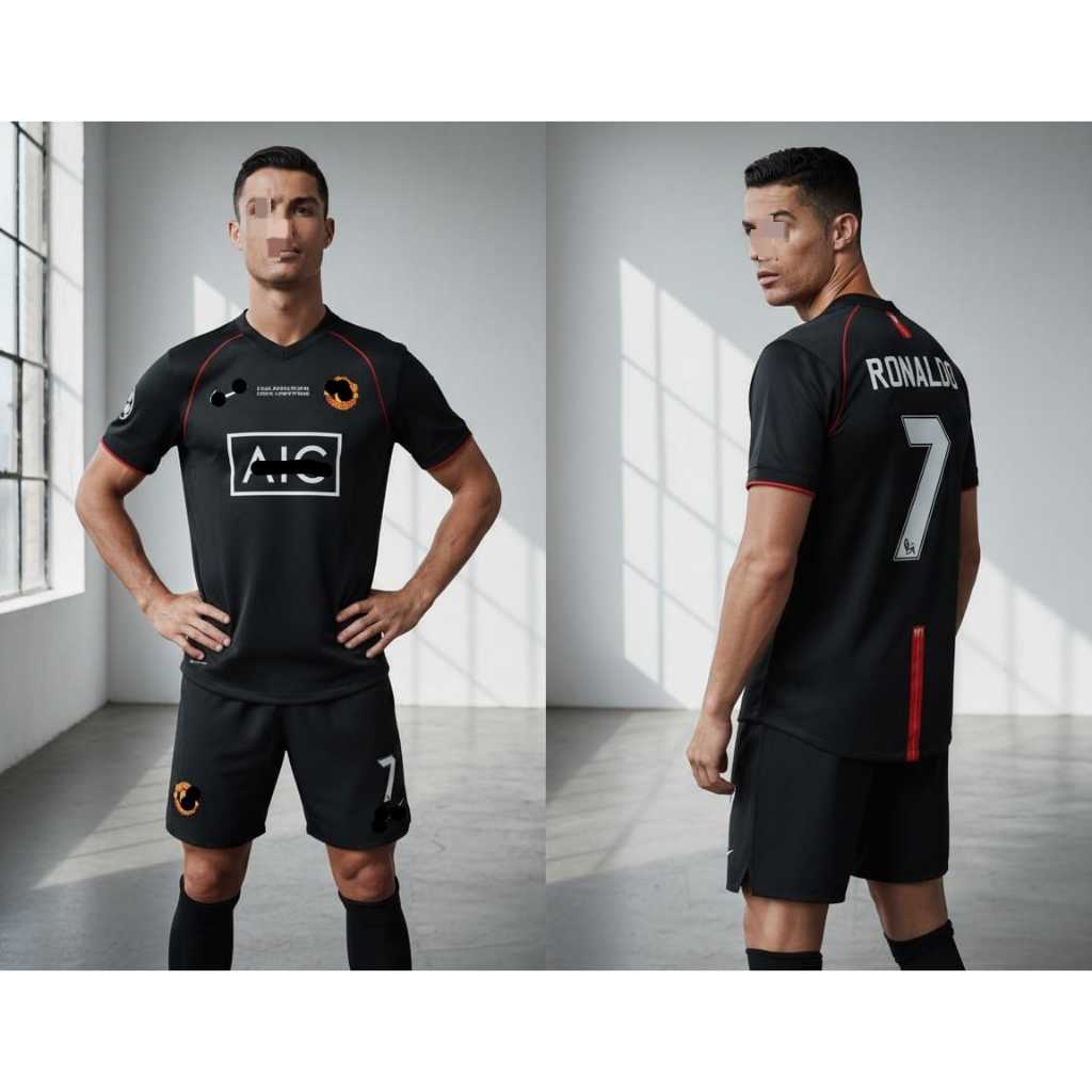 Jersey Bola Custom Vintage MU AWAY 2007-2008 Hitam Pendek free Nama, Logo dan nomor