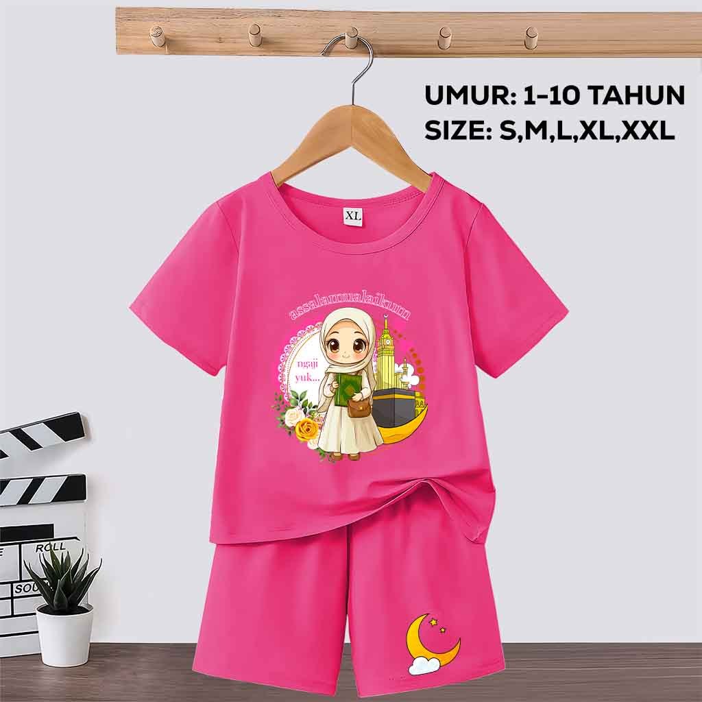 Setelan Anak Muslimah Motif Bismillah Ngaji Yukk Set Baju Muslim Anak Perempuan Umur 1-10 Tahun
