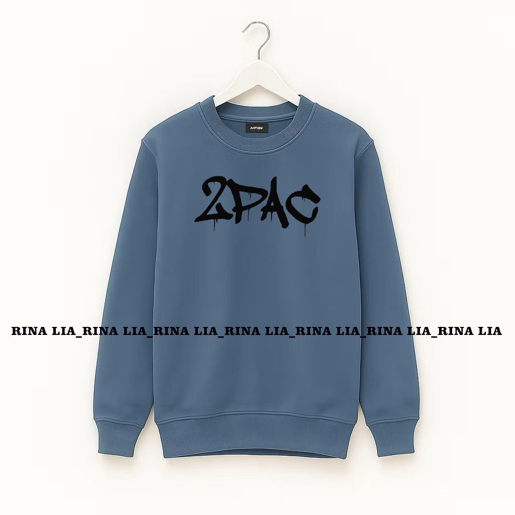 Sweater Crewneck Logo 2PAC Bahan Flecee Unisex Pria Wanita Dewasa Kekinian