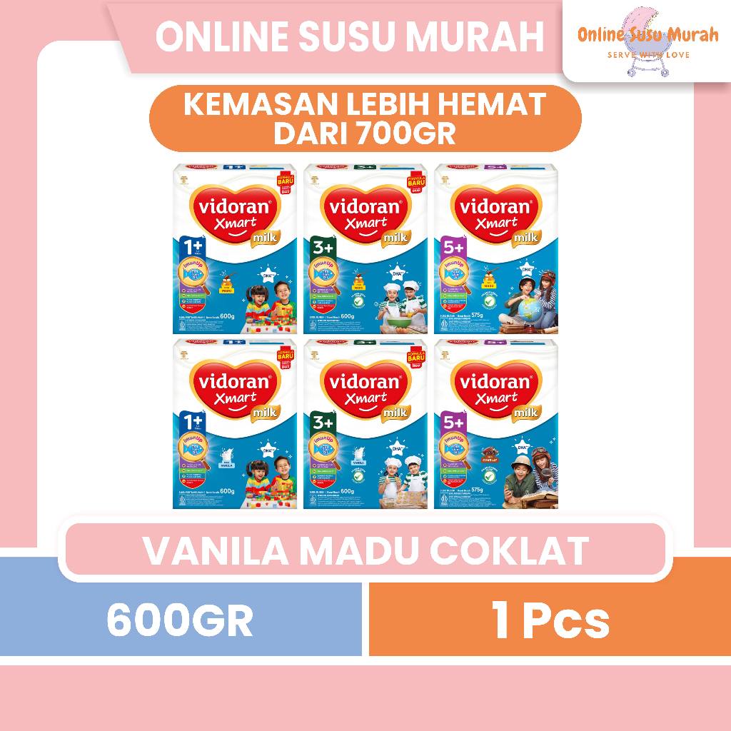 VIDORAN XMART MILK 1+ 3+ 5+ 600GR 575GR VANILA MADU COKELAT TAHAP 1 3 5 600 575 GR SSKD