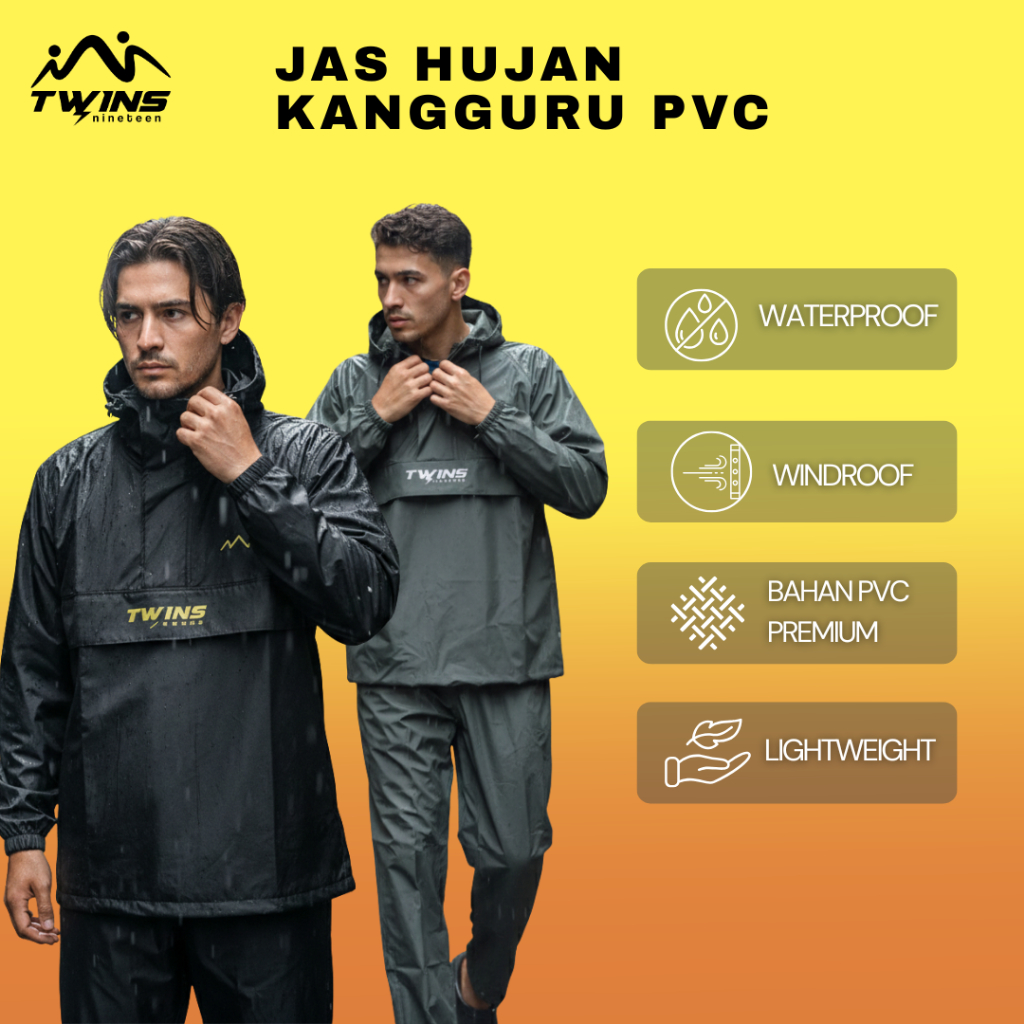 Jas Hujan TWINS NINETEEN Saku Kangguru Anti Bocor Jas Hujan PVC Saku Kangguru Pria Wanita Dewasa