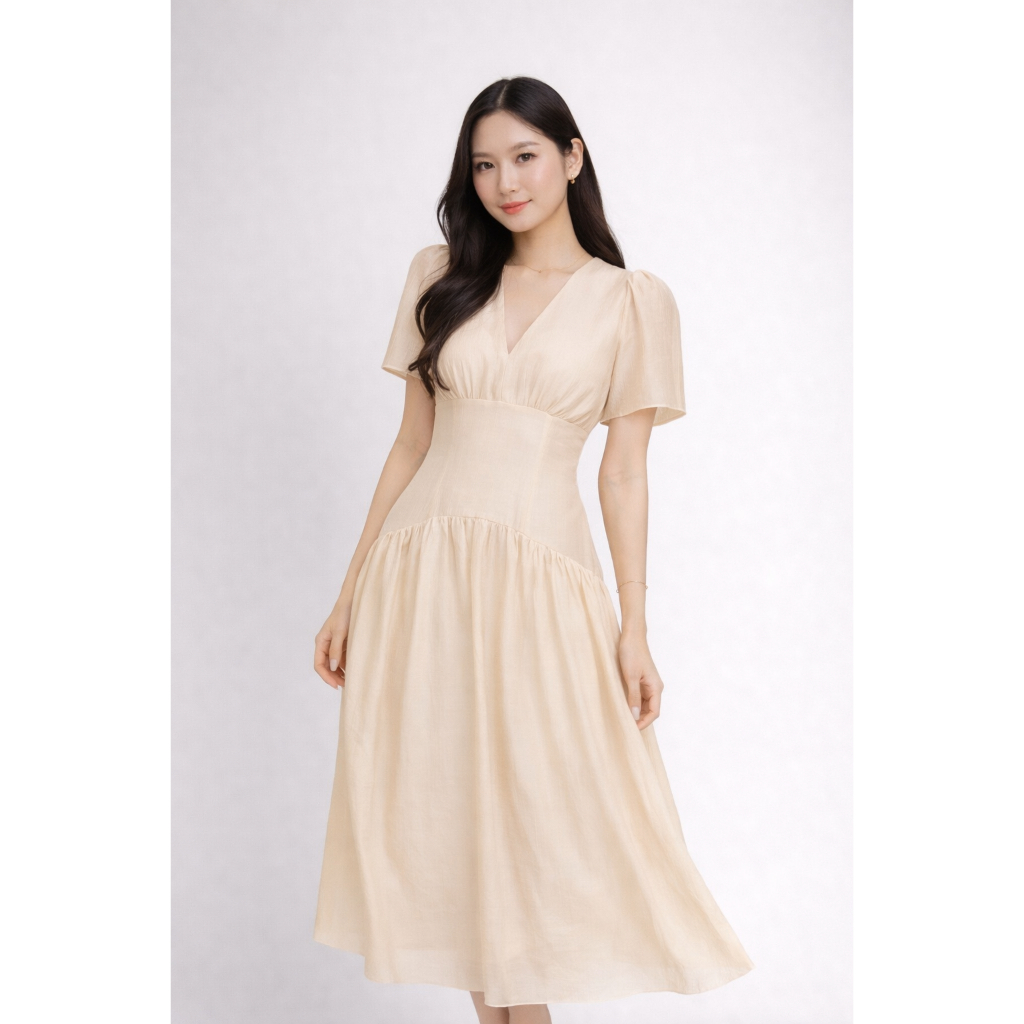 RCO Midi Dress Wanita V Neck Elegan | Dress Cream Semi Formal Kondangan Brunch | Full Furing Resleti