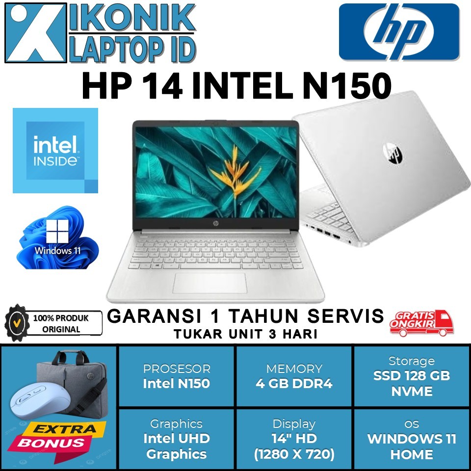 Laptop Baru HP 14 Intel N150 4 Core Ram 8GB Ssd 384GB Window 11 Original