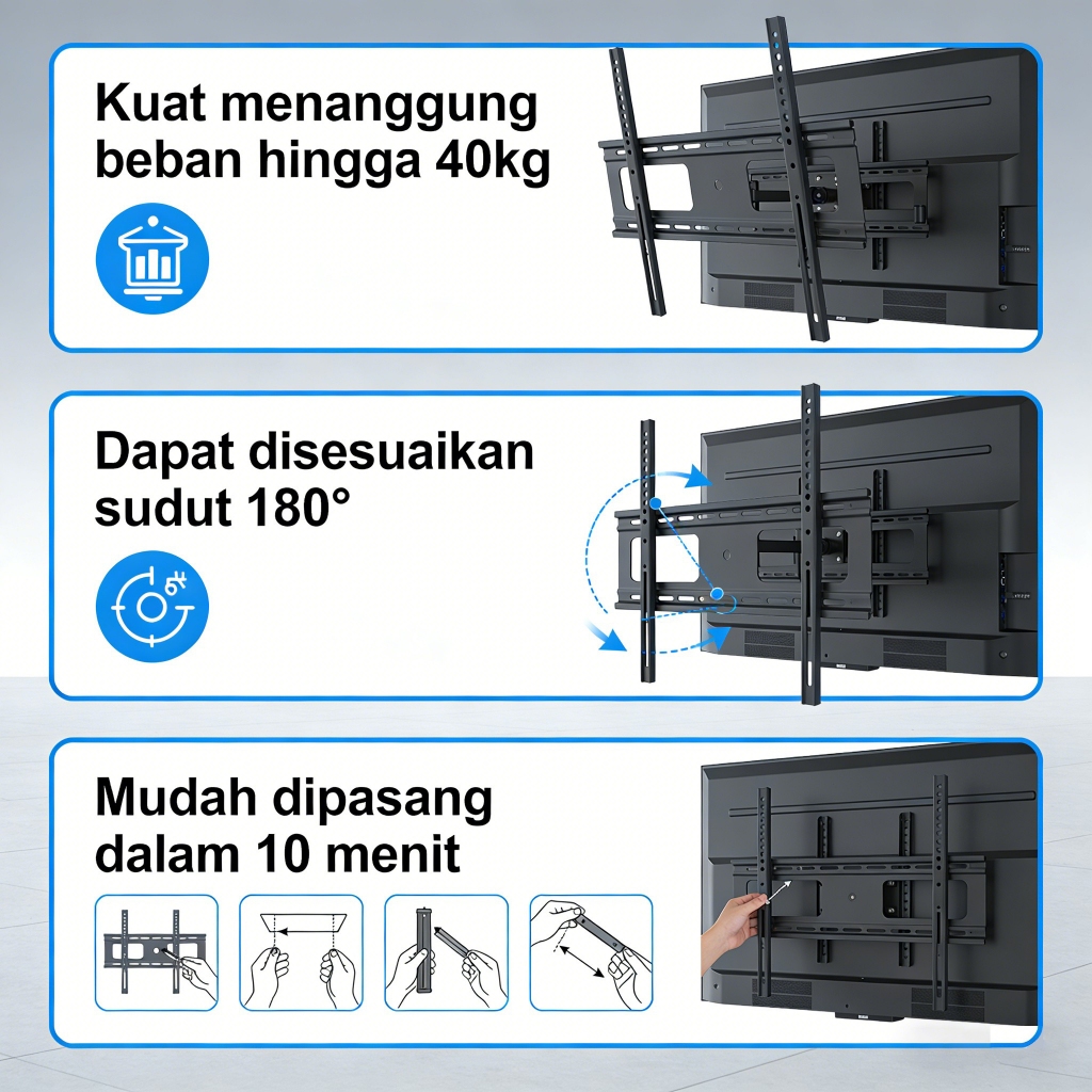 BESTPROMO Untuk semua TV bracket tv 32 inch Bracket Tv Layar berputar 180 Kapasitas menahan beban