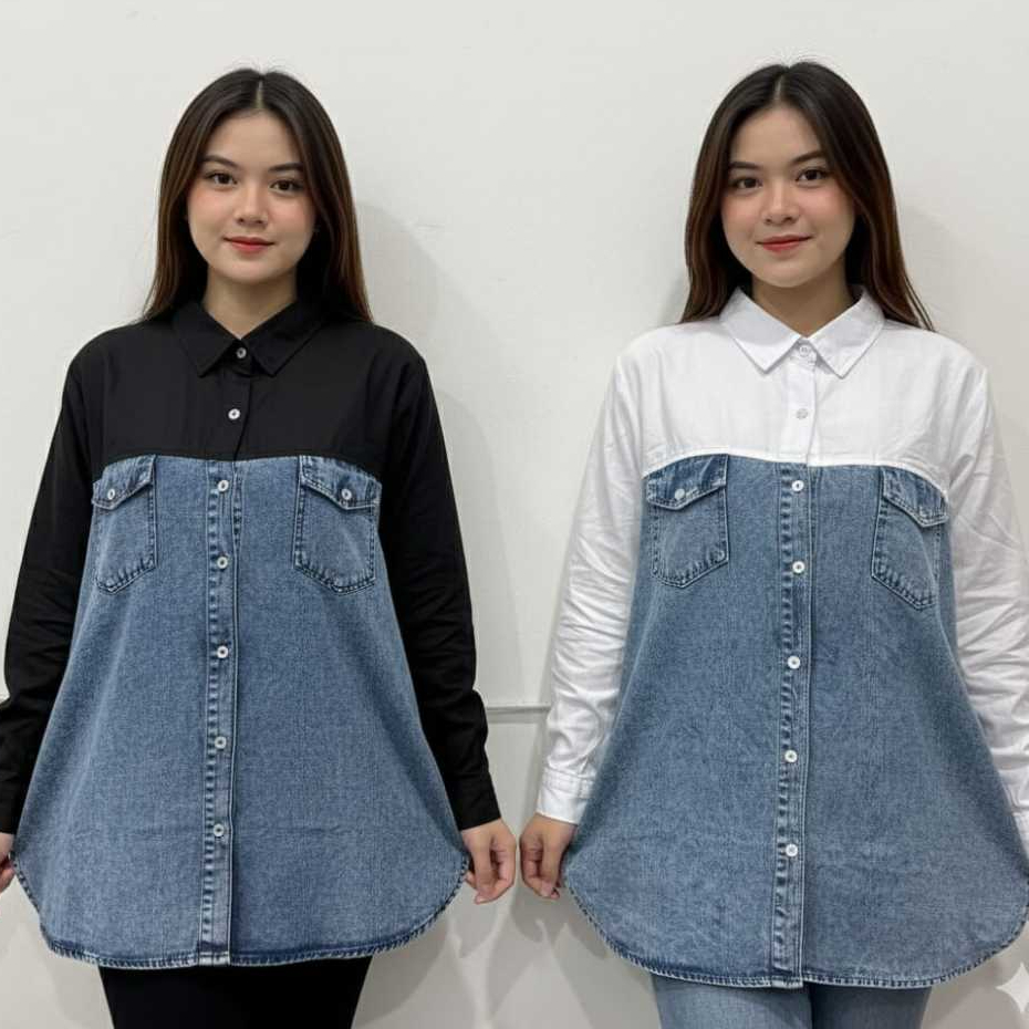 SONIA JEANS – Kemeja Jeans Kombinasi Biru Wanita - Baju Atasan Denim Lengan Panjang Terbaru