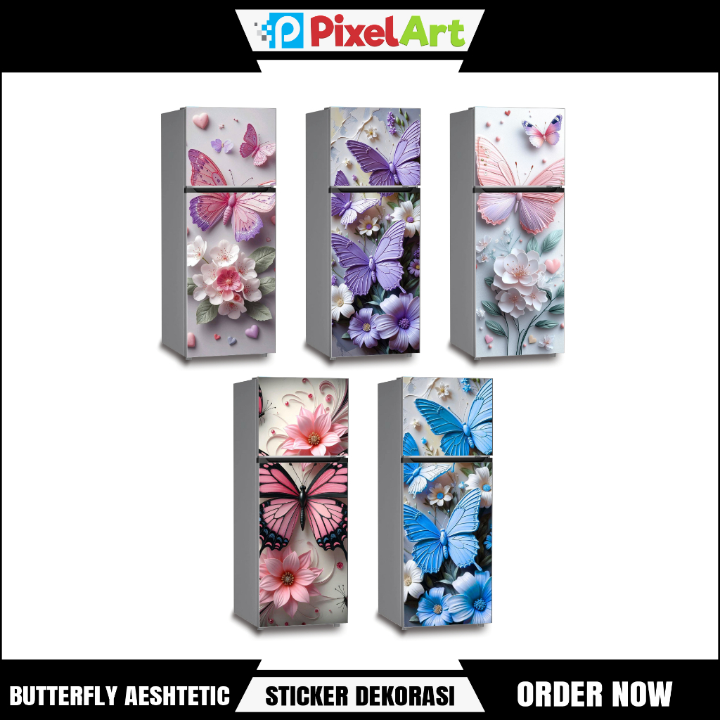 STIKER KULKAS 1 PINTU DAN 2 PINTU STICKER MOTIF BUNGA KUPU-KUPU BUTTERFLY AESTHETIC LUCU SUDAH DILAP