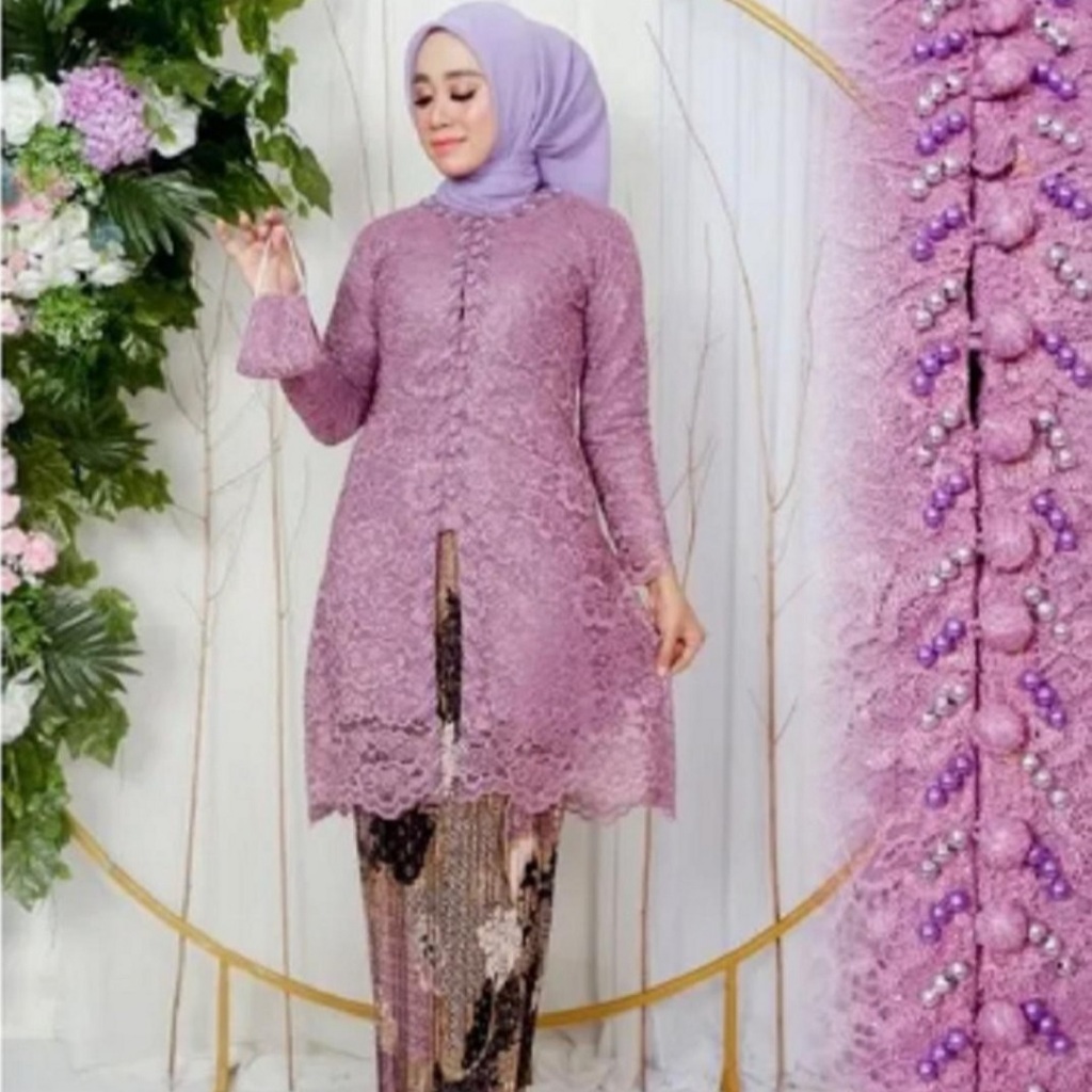 Set Kebaya Tunik Payet Bahan Brokat Full Puring Lengan Panjang Warna Lilac