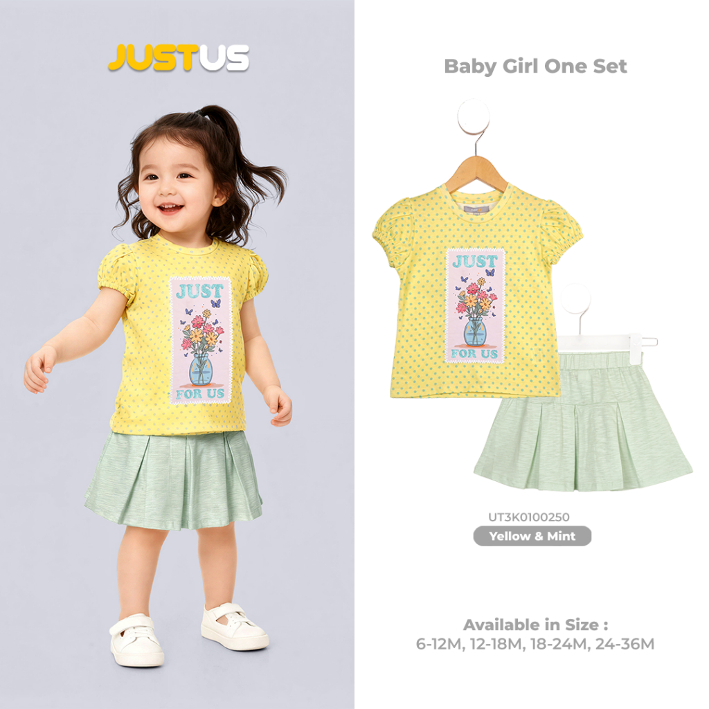 JUST US - Baby Girl One Set | Setelan Bayi Perempuan Atasan & Rok Motif Polkadot Yellow Mint 6–36 Bu