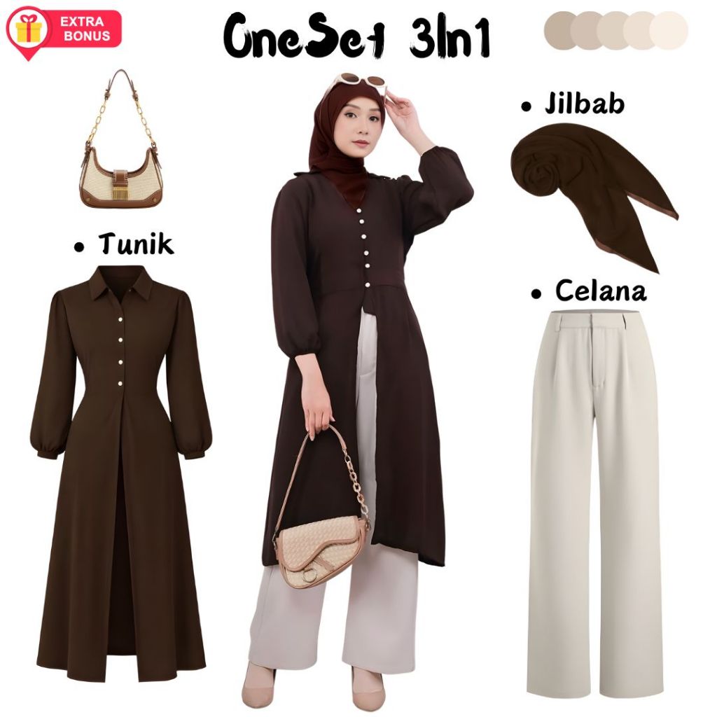 One set 3in1 Tunik Celana Kulot Knit Jilbab Segi Empat | ootd outfit oneset classy lebaran eid mubar