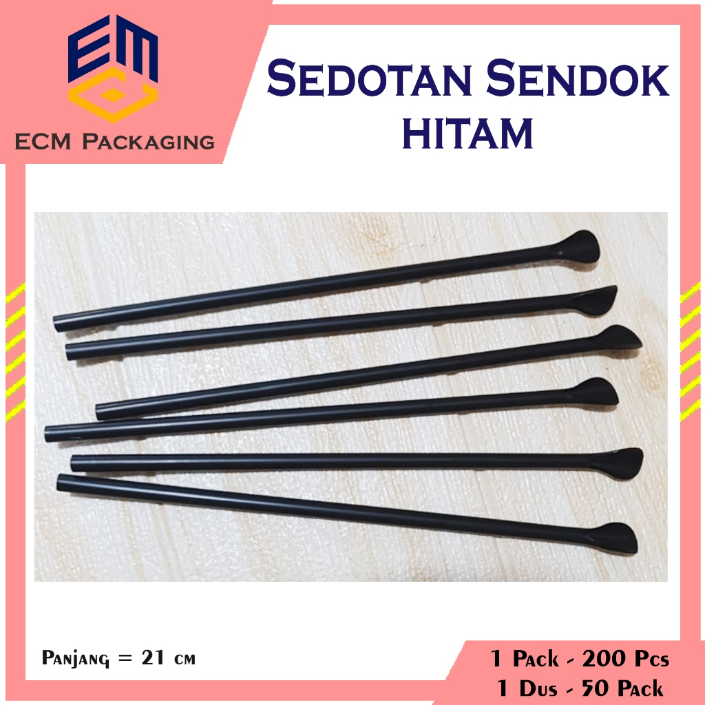 200PCS SEDOTAN SENDOK PLASTIK HITAM / SPOON STRAW / SEDOTAN ULIR HITAM / SEDOTAN PLASTIK HITAM