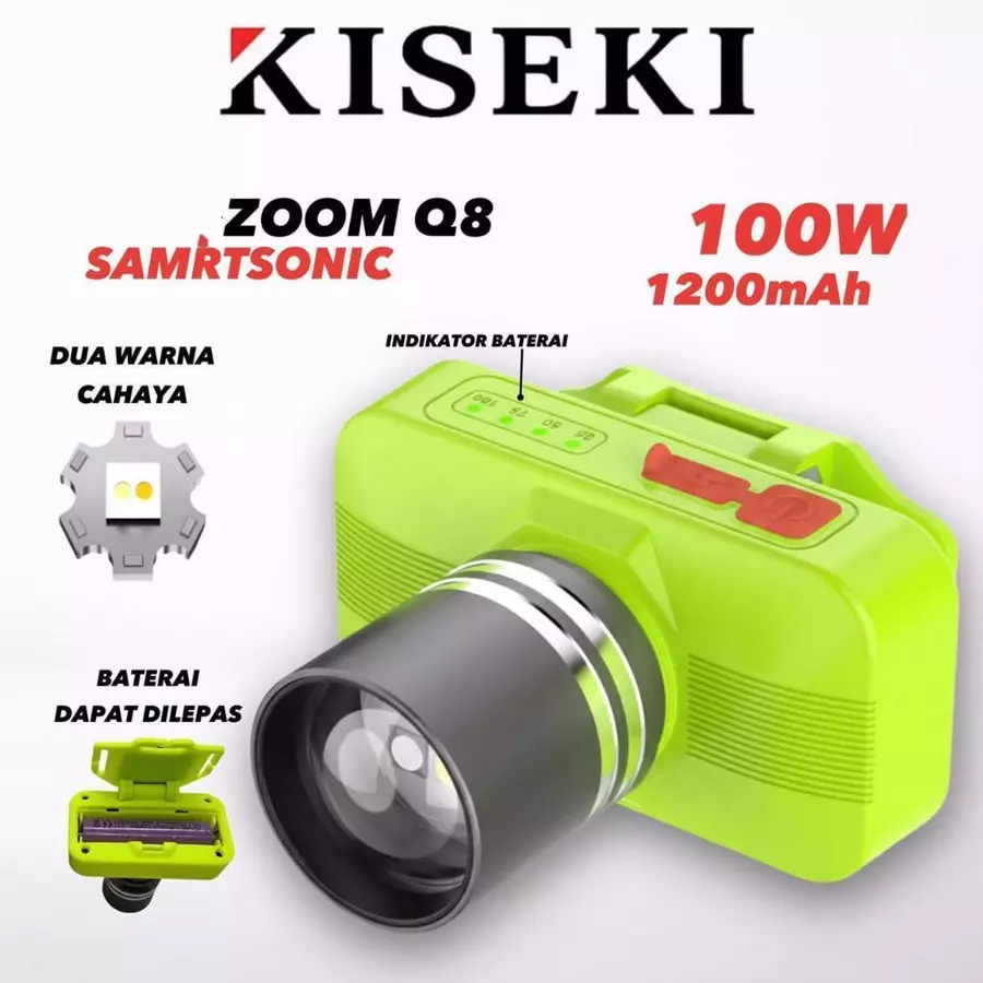 Kiseki X Smartsonic Senter Kepala ZOOM Q8 Senter Kepala Zoom Dua Warna Cahaya 100Watt 1200mAH Kapasi
